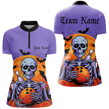 Purple Custom Halloween Bowling Shirts For Women, Skull Bowling Team Shirt Halloween Outfit IPHW7599