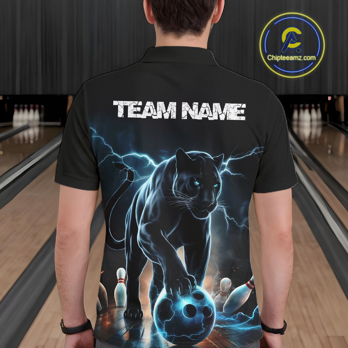 Blue Thunder Lightning Custom Panther Bowling Polo Shirts For Men, Panther Bowling Jerseys IPHW8271