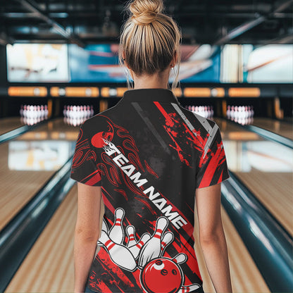 Grunge Black And Red Custom Flame Bowling Team Polo Shirts For Women, Bowling League Shirt IPHW8524