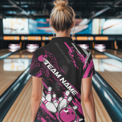 Grunge Black And Pink Custom Flame Bowling Team Polo Shirts For Women, Bowling League Shirt IPHW8525