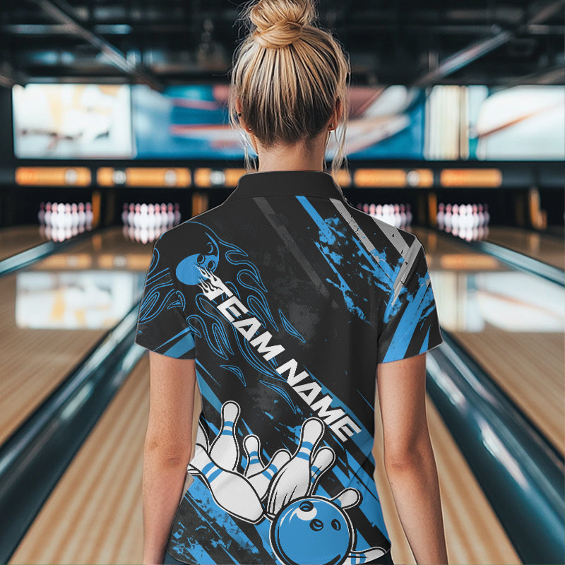 Grunge Black And Blue Custom Flame Bowling Team Polo Shirts For Women, Bowling League Shirt IPHW8526
