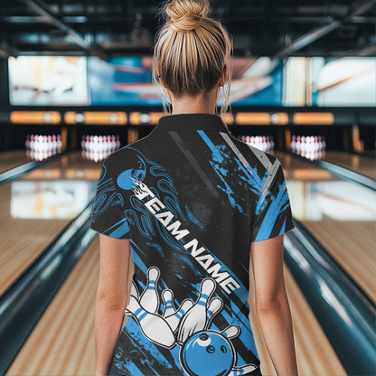 Grunge Black And Blue Custom Flame Bowling Team Polo Shirts For Women, Bowling League Shirt IPHW8526