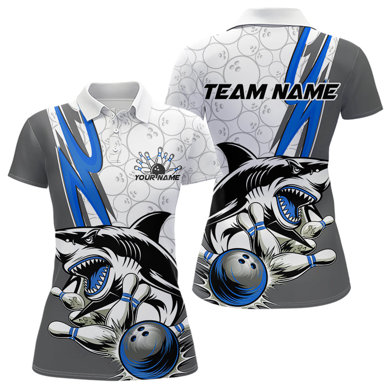 Custom Blue Shark Bowling Polo Shirts For Women, Shark Bowling Team Tournament Outfits IPHW8729