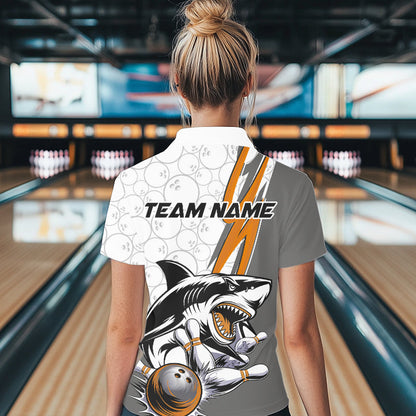 Custom Orange Shark Bowling Polo Shirts For Women, Shark Bowling Team Tournament Outfits IPHW8730