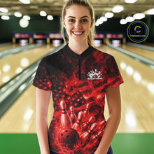 Load image into Gallery viewer, Custom Red Fire Patriotic Bowling Team Women Shirt, American Flag Flame Bowling Jersey IPHW11107