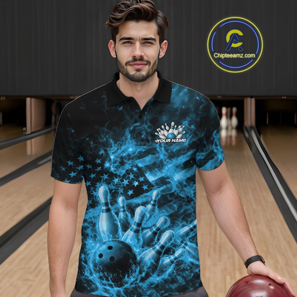 Male model wearing a black and blue bowling polo in a bowling lane with flaming bowling action artwork.