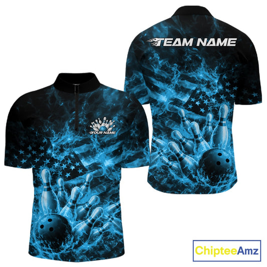 Front and back mens black and blue bowling quarter-zip featuring a bowling ball crashing through pins with fiery American flag artwork.