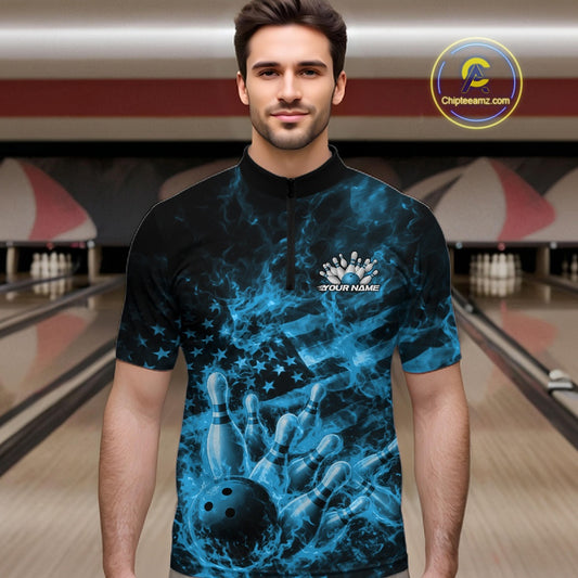 Male model wearing a black and blue bowling quarter-zip in a bowling alley with flaming bowling graphics and patriotic styling.
