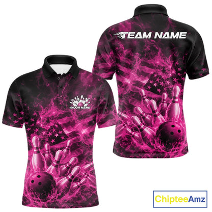 Front and back mens black and pink bowling polo featuring a bowling ball crashing through pins with flames and American flag artwork.