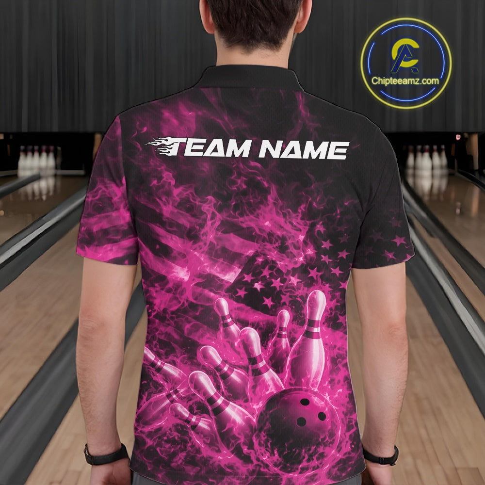 Back view of a mens black and pink bowling polo showcasing a bowling strike scene with flames.