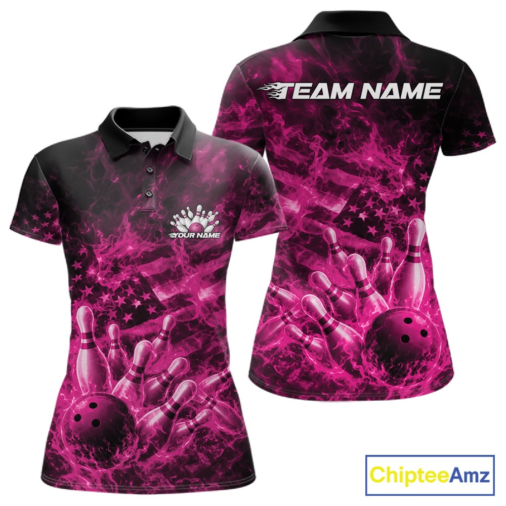 Front and back womens black and pink bowling polo featuring a bowling ball crashing through pins with fiery American flag artwork.