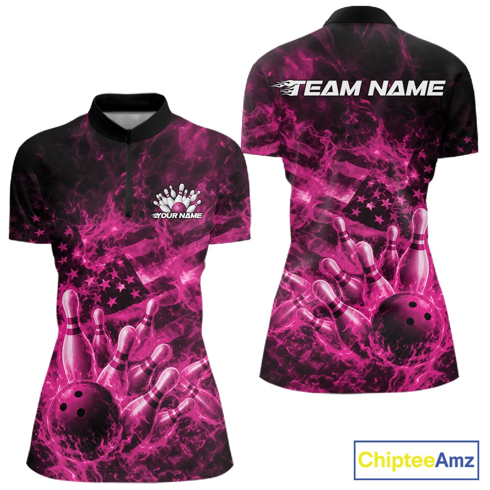 Front and back womens black and pink bowling quarter-zip showcasing a bowling ball crashing through pins with flames and patriotic background details.
