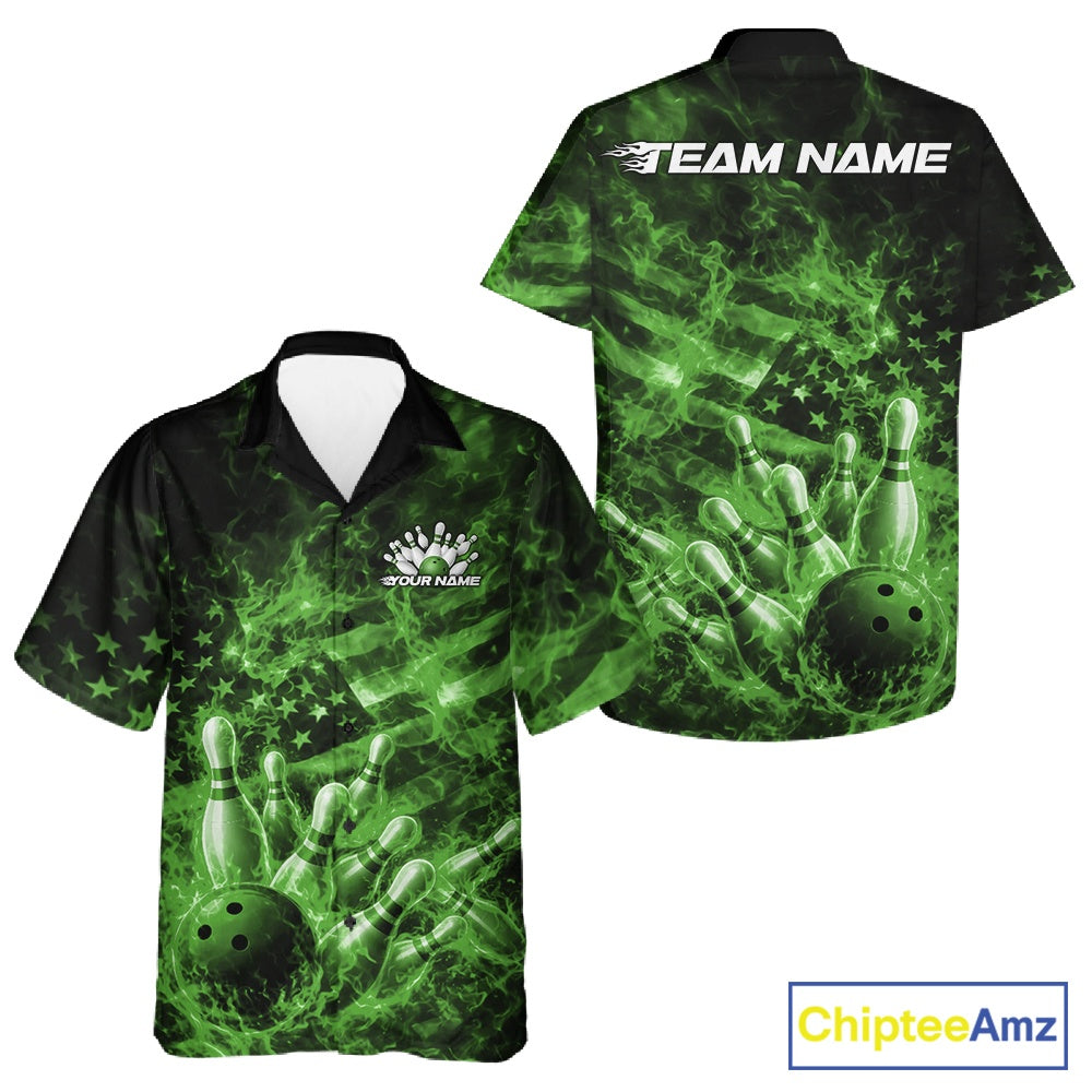 Front and back black and green button-up bowling shirt featuring a bowling ball crashing through pins with flames and American flag artwork.