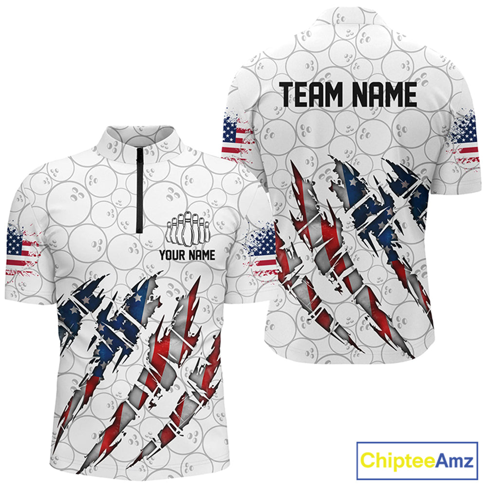 Custom American Flag Patriotic Bowling Shirts For Men, Personalized Bowling Team Shirts IPHW7044