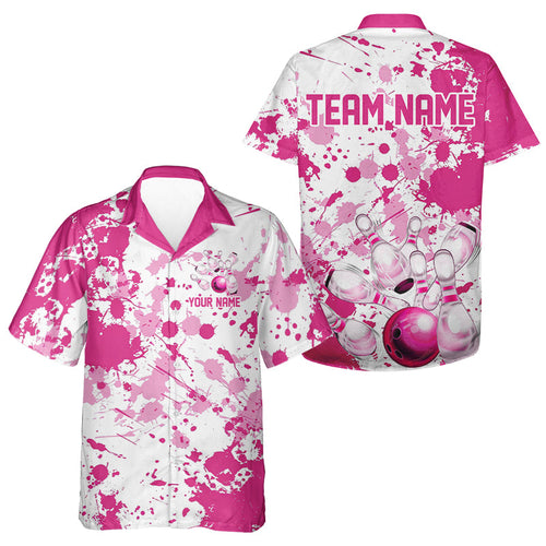 Custom Pink Bowling Hawaiian Shirts For Men, Splatter Bowling Team Jerseys With Name IPHW7052