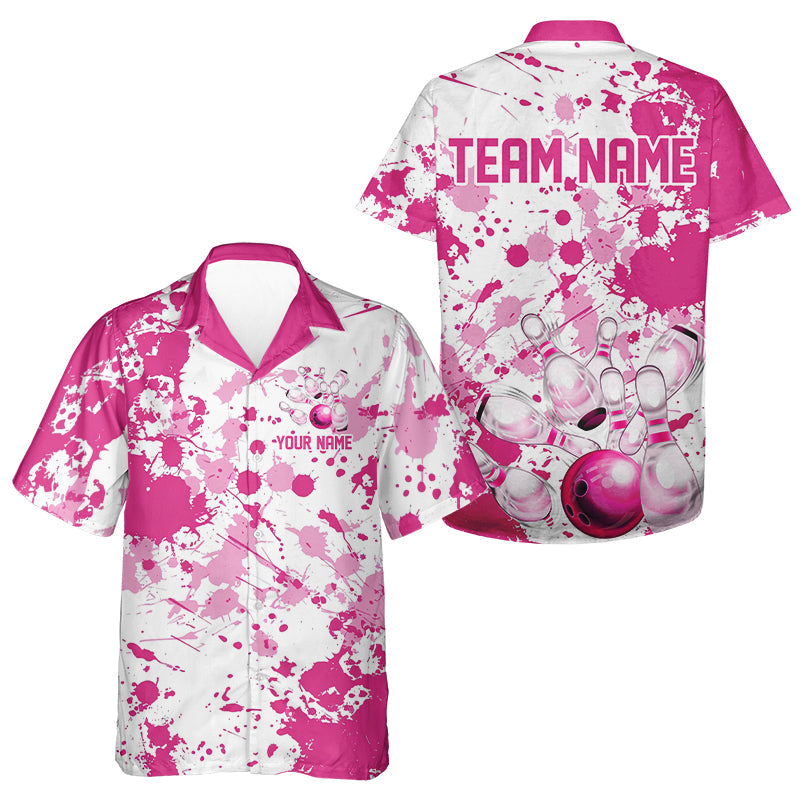Custom Pink Bowling Hawaiian Shirts For Men, Splatter Bowling Team Jerseys With Name IPHW7052