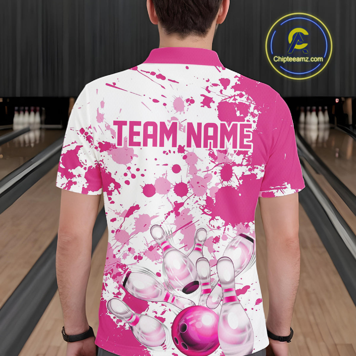 Custom Pink Bowling Polo Shirts For Men, Bowling Team Shirts Bowling Jerseys With Name IPHW7052