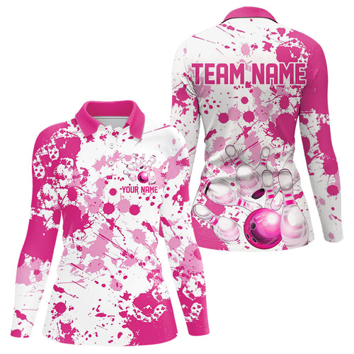 Custom Pink Bowling Long Sleeve Polo Shirts For Women, Splatter Bowling Team Jerseys IPHW7052
