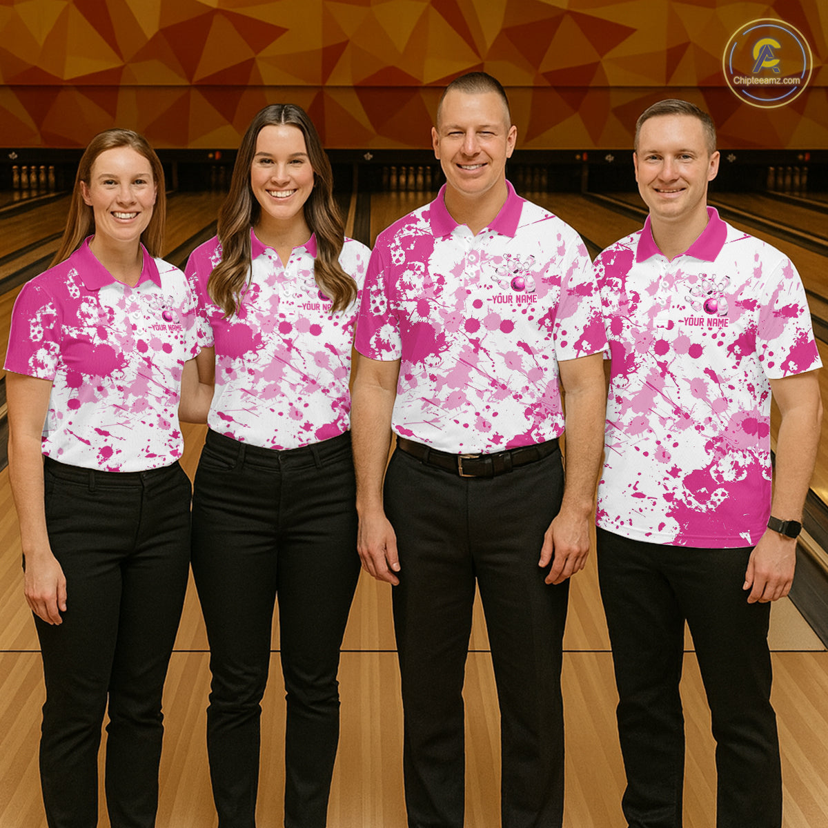 Custom Pink Bowling Polo Shirts For Men, Bowling Team Shirts Bowling Jerseys With Name IPHW7052