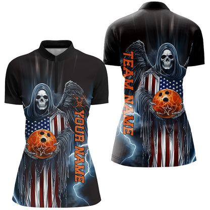 Custom Us Ladies Bowling Shirts, American Flag Skull Patriotic Bowling Team Shirt Outfit IPHW7606