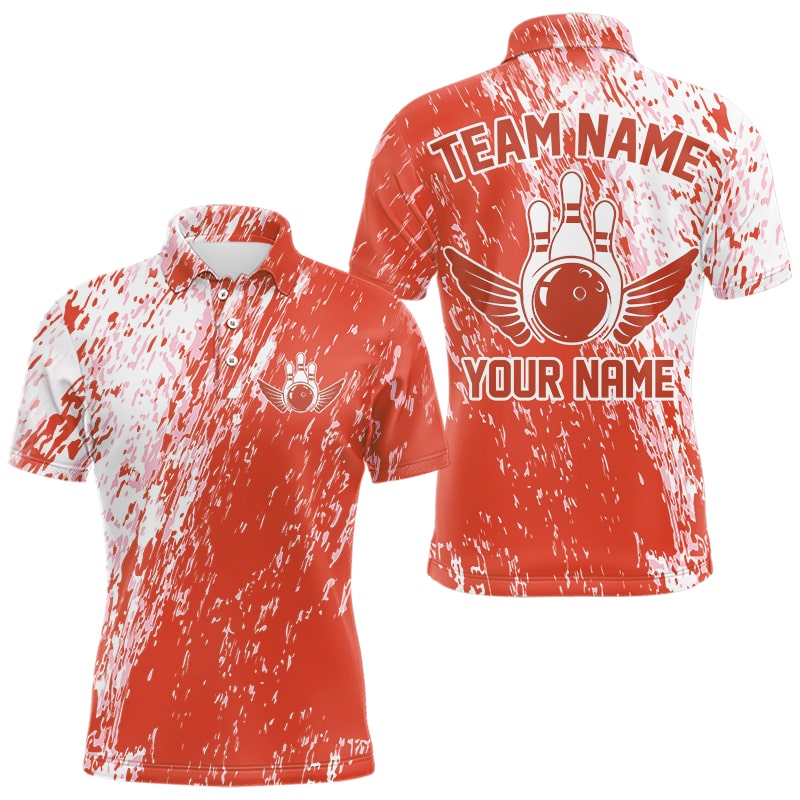 Personalized White And Orange Bowling Team Polo Shirts For Men, Bowling Tournament Outfits IPHW8745