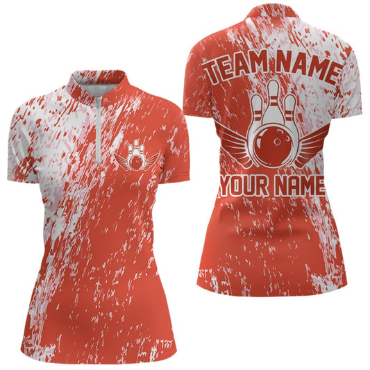 Custom White And Orange Bowling Quarter-Zip Shirts For Women, Bowling Tournament Outfits IPHW8745