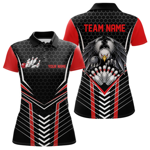 Custom Black And Red Eagle Bowling Jerseys, Bowling Team Women Polo Shirts Bowlers Outfits IPHW8748