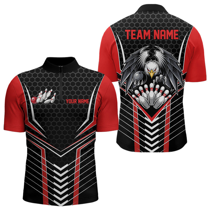 Custom Black And Red Eagle Bowling Jerseys, Bowling Team Men Quarter-Zip Shirts Bowlers Outfits IPHW8748
