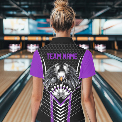 Custom Black And Purple Eagle Bowling Jerseys, Bowling Team Women Polo Shirt Bowlers Outfit IPHW8749