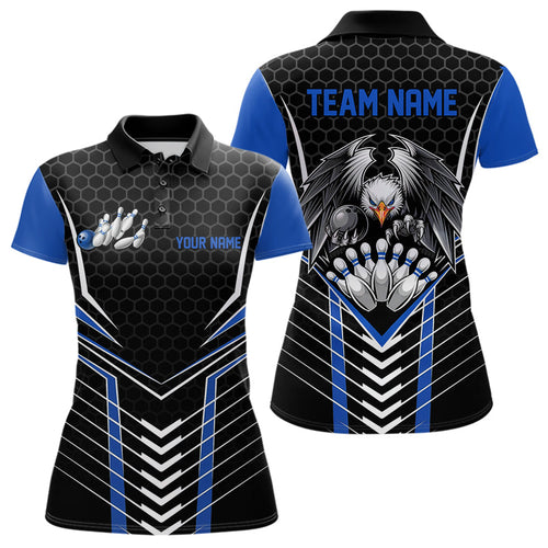 Custom Black And Blue Eagle Bowling Jerseys, Bowling Team Women Polo Shirts Bowlers Outfits IPHW8750