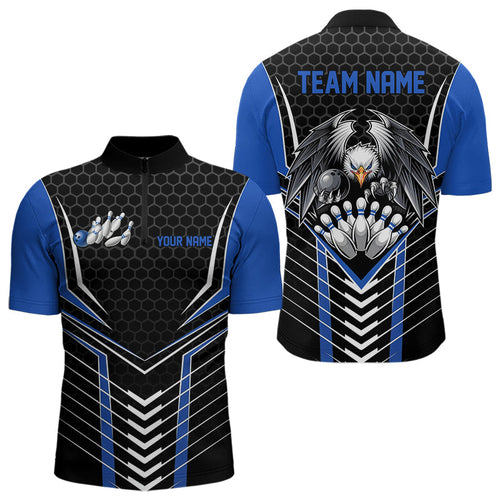 Custom Black And Blue Eagle Bowling Jerseys, Bowling Team Men Quarter-Zip Shirts Bowlers Outfits IPHW8750