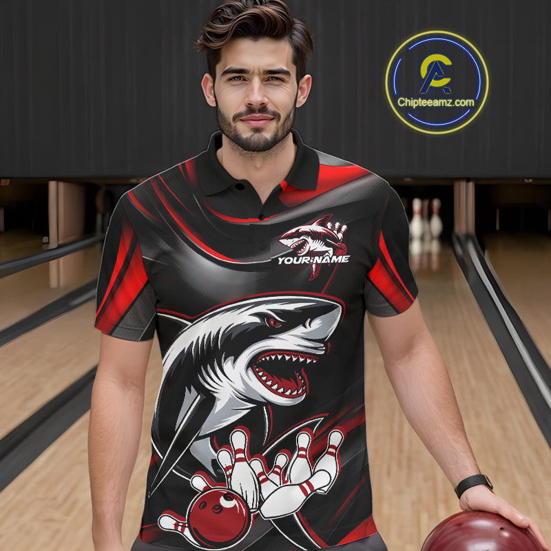 Custom Black And Red Shark Bowling Team Polo Shirts For Men, Bowling League Shirt IPHW9002