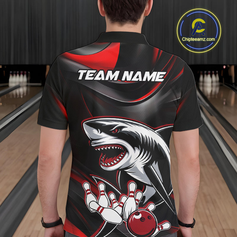 Custom Black And Red Shark Bowling Team Polo Shirts For Men, Bowling League Shirt IPHW9002