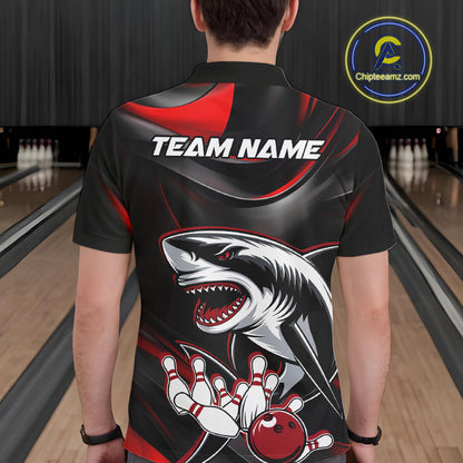 Custom Black And Red Shark Bowling Team Polo Shirts For Men, Bowling League Shirt IPHW9002