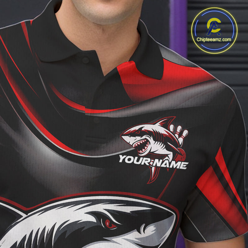 Custom Black And Red Shark Bowling Team Polo Shirts For Men, Bowling League Shirt IPHW9002