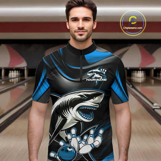 Custom Black And Blue Shark Bowling Team Quarter-Zip Shirts For Men, Bowling League Shirt IPHW9003