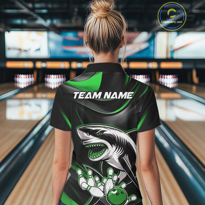 Custom Black And Green Shark Bowling Team Polo Shirts For Women, Bowling League Shirt IPHW9004