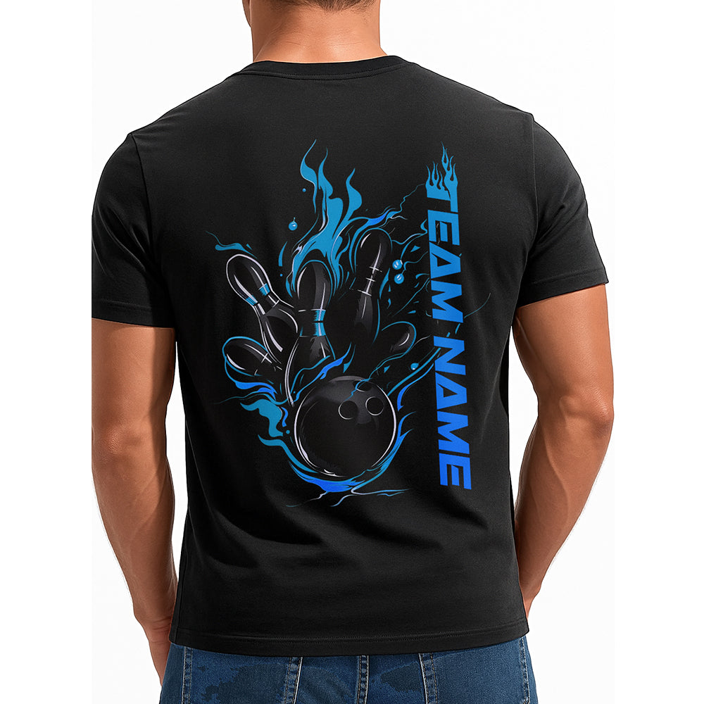 Custom Black And Blue Flame Strike Bowling T-Shirts For Men, Team Uniform IPHW9055