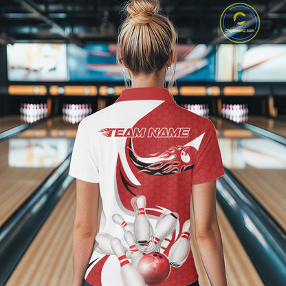 Custom White And Red Bowling Polo Shirts For Women, Flame Bowling Team Shirt IPHW9240