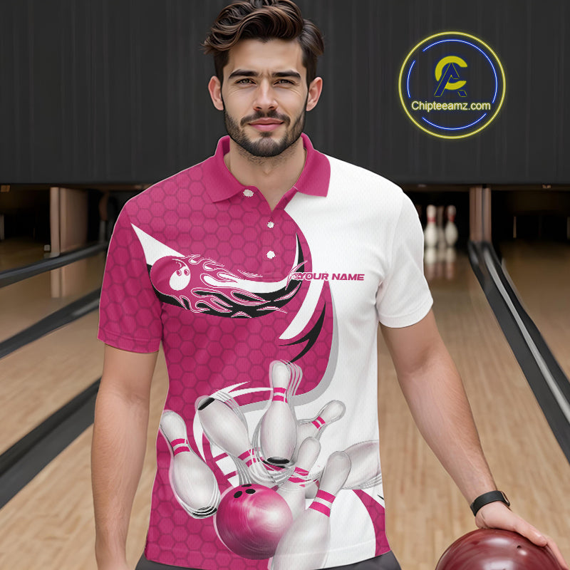 Custom White And Pink Bowling Polo Shirts For Men, Flame Bowling Team Shirt IPHW9241