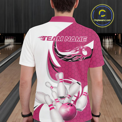 Custom White And Pink Bowling Polo Shirts For Men, Flame Bowling Team Shirt IPHW9241