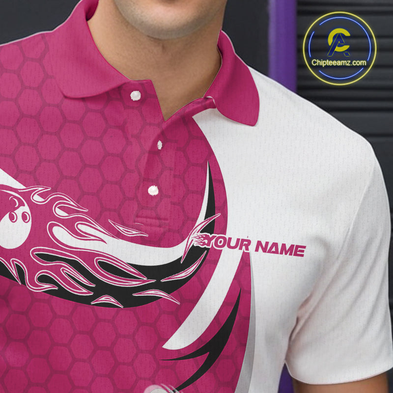 Custom White And Pink Bowling Polo Shirts For Men, Flame Bowling Team Shirt IPHW9241