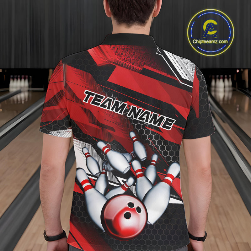 Custom Black And Red Hexagon Pattern Bowling Polo Shirts For Men, Bowling Team Uniform IPHW9420