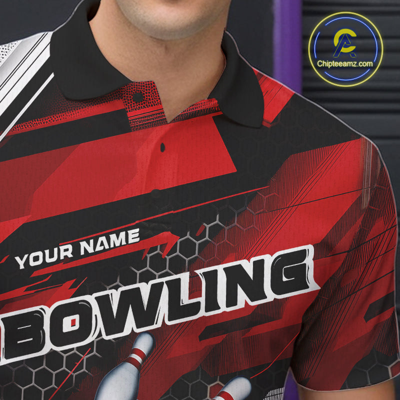 Custom Black And Red Hexagon Pattern Bowling Polo Shirts For Men, Bowling Team Uniform IPHW9420