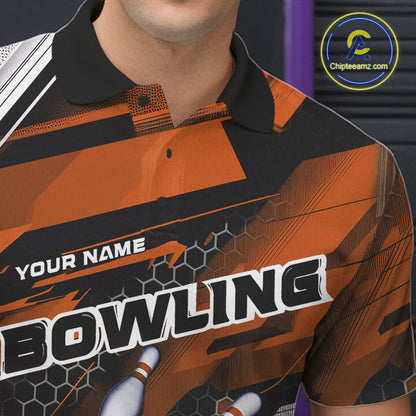 Custom Black And Orange Hexagon Pattern Bowling Polo Shirts For Men, Bowling Team Uniform IPHW9421