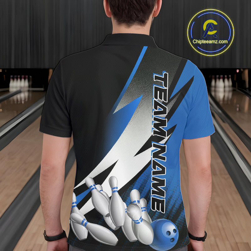 Custom Black And Blue Strike Bowling Polo Shirts For Men, Bowling Team Uniform IPHW9425