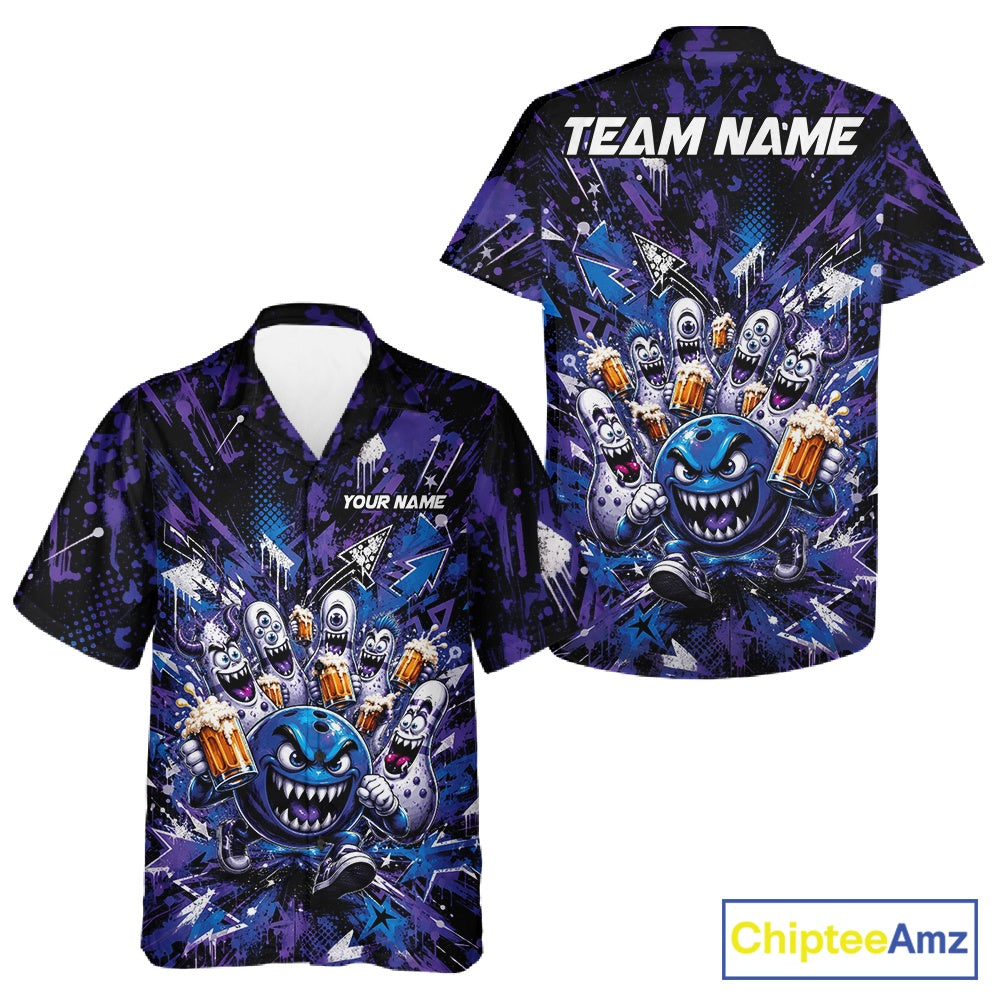 Front and back view of a blue and purple button-up bowling shirt featuring a blue monster bowling ball leading monster bowling pins holding overflowing beer mugs with bold graffiti-style splatter artwork.