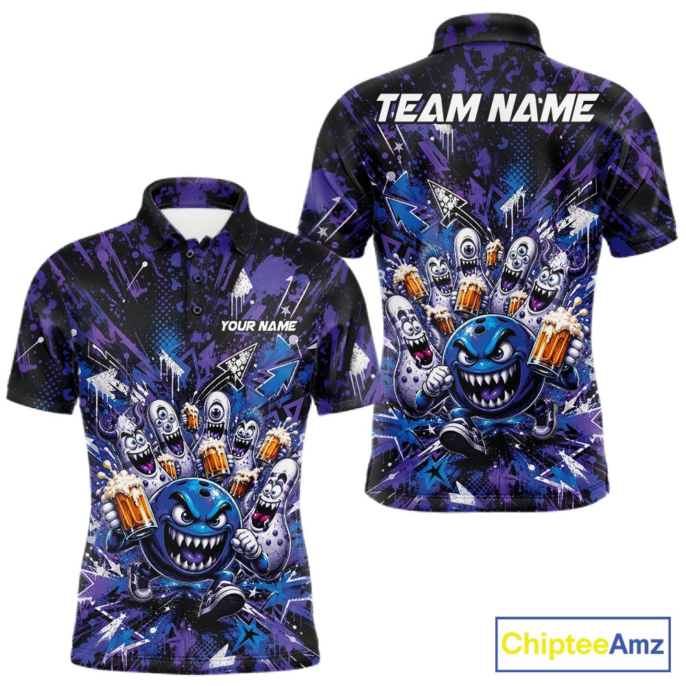 Front and back view of a blue and purple men's bowling polo shirt showcasing a blue monster bowling ball leading monster bowling pins holding overflowing beer mugs with bold graffiti-style splatter graphics.
