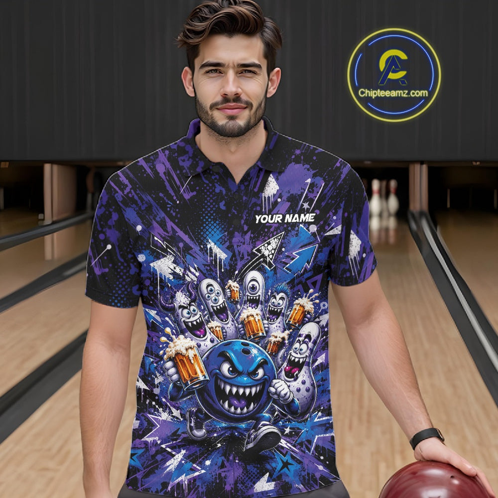 Front view of a male model at a bowling lane wearing a blue and purple bowling polo shirt featuring a blue monster bowling ball leading monster bowling pins holding overflowing beer mugs with bold graffiti-style splatter artwork.