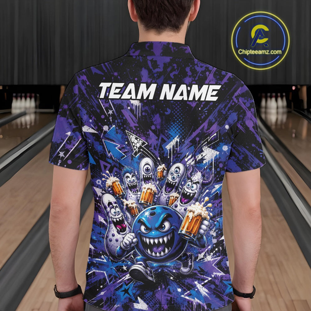 Back view of a male model wearing a blue and purple bowling polo shirt in a bowling lane, featuring a blue monster bowling ball leading monster bowling pins holding overflowing beer mugs with bold graffiti-style splatter graphics.